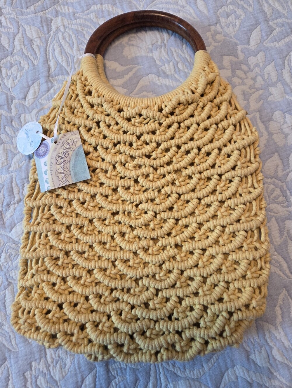 NWT SIGRID OLSEN Handcrafted Yellow Macramé Tote with Wooden Handles